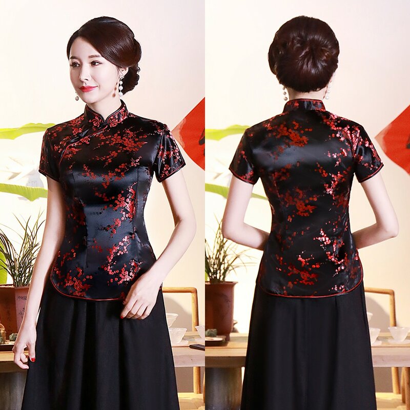 Blusa de cetim chinesa tradicional para mulheres, camisa de flor vintage, roupas novas do dragão, tops sensuais, plus size, 3XL, 4XL, WS009, verão