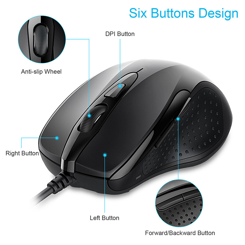 Mysz TeckNet Pro S2 przewodowa mysz USB do komputera PC mysz 2000DPI 1000DPI ergonomiczna mysz kształt 6 przycisków myszy do Asus Xiaomi
