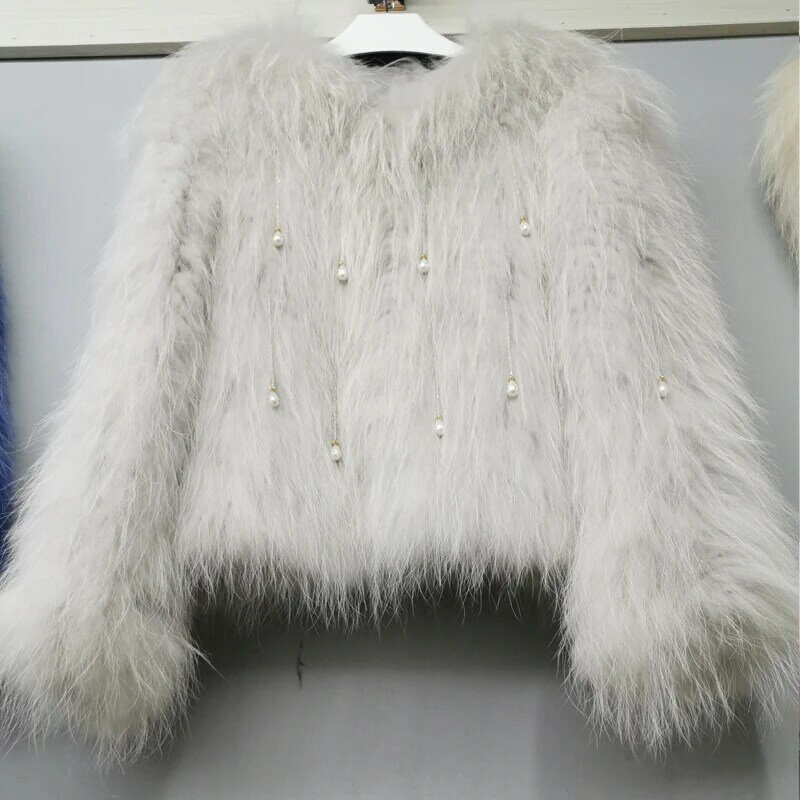 Sobretudo de pele de raposa real feminino, casaco feminino estiloso de pele de guaxinim destacável com contas e comprimento 50 cm