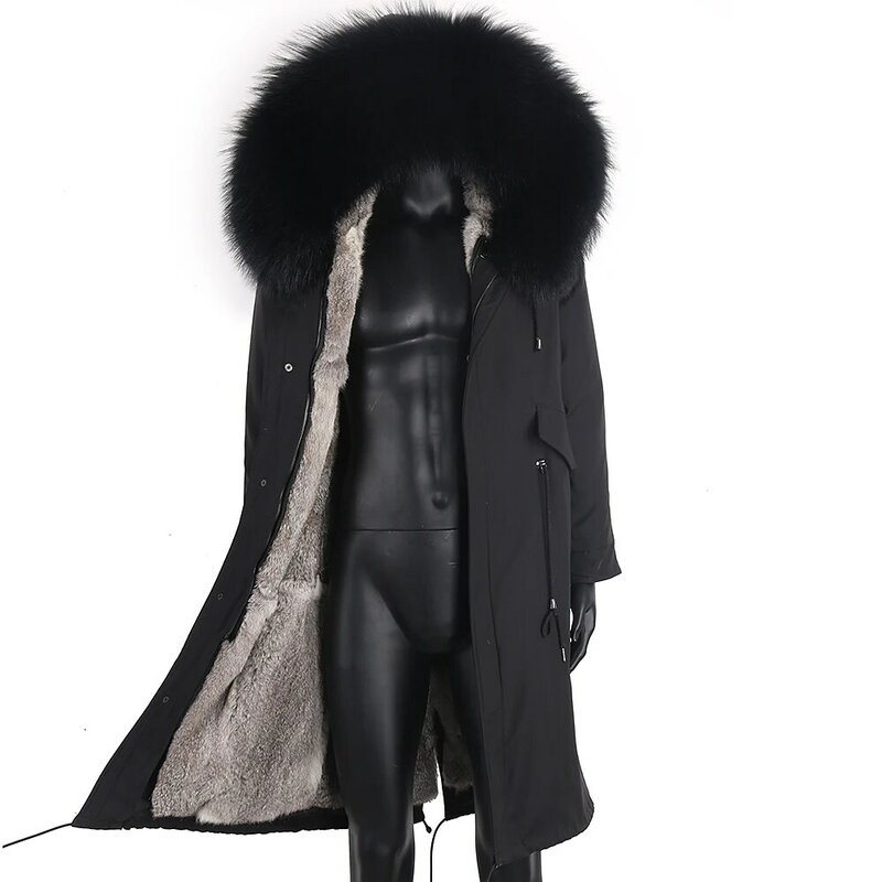 Jaket Musim Dingin Pria X Mantel Panjang Parka 7XL Bulu Kelinci Asli Kerah Rakun Alami Pakaian Luar Tebal Hangat Streetwear