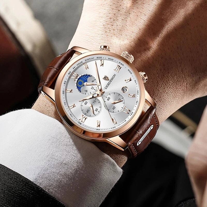 LIGE – montre-bracelet en cuir pour hommes, décontractée, marque de luxe, militaire, horloge, chronographe, mode