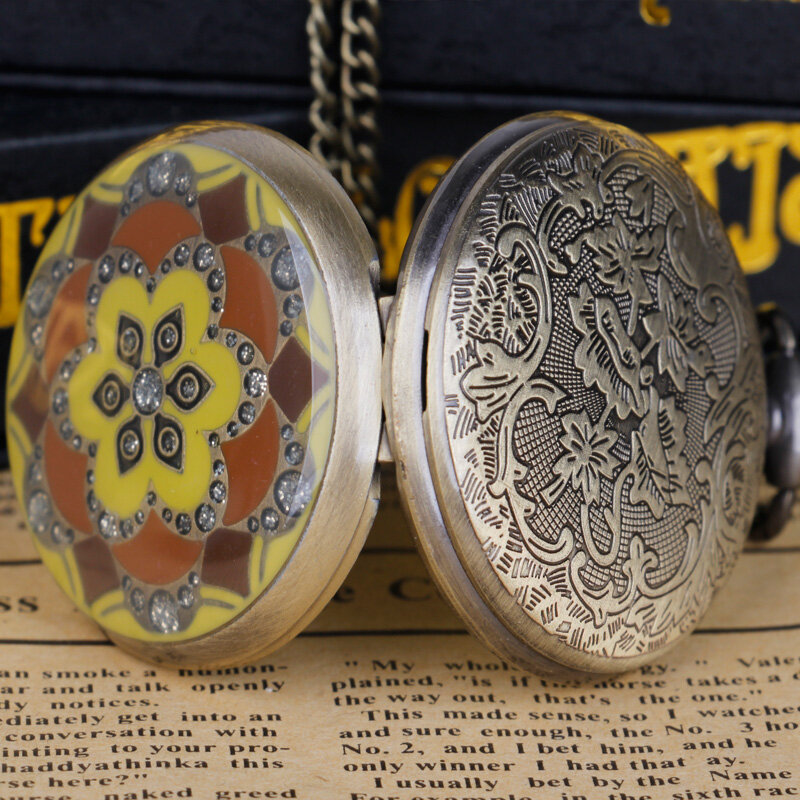 Vintage Yellow Epoxy Jade Flower Quartz Movement Pocket Watches Ladies Girls For Chain Best Gifts