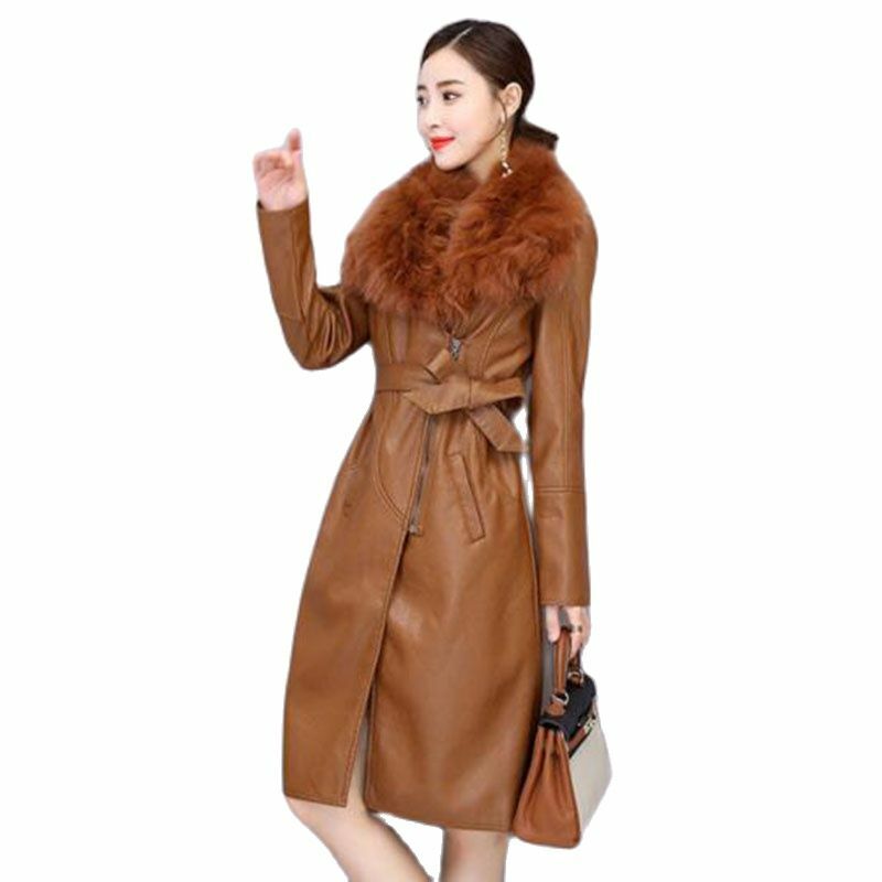 Chaqueta de cuero de longitud media con cuello de piel grande para mujer, abrigo ajustado de terciopelo grueso, ropa de otoño e invierno, novedad de 2022