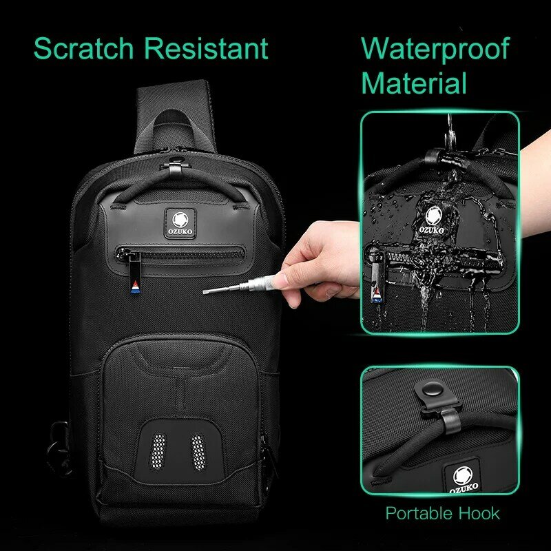 OZUKO – sac de poitrine multi-poches pour hommes, sacoche imperméable à épaule pour adolescents de qualité, sacoche de voyage USB