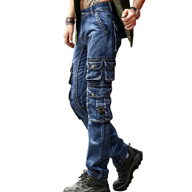 Mcikkkny pantaloni Jeans Casual Cargo da uomo pantaloni Multi tasche in Denim militare per taglia maschile 29-40