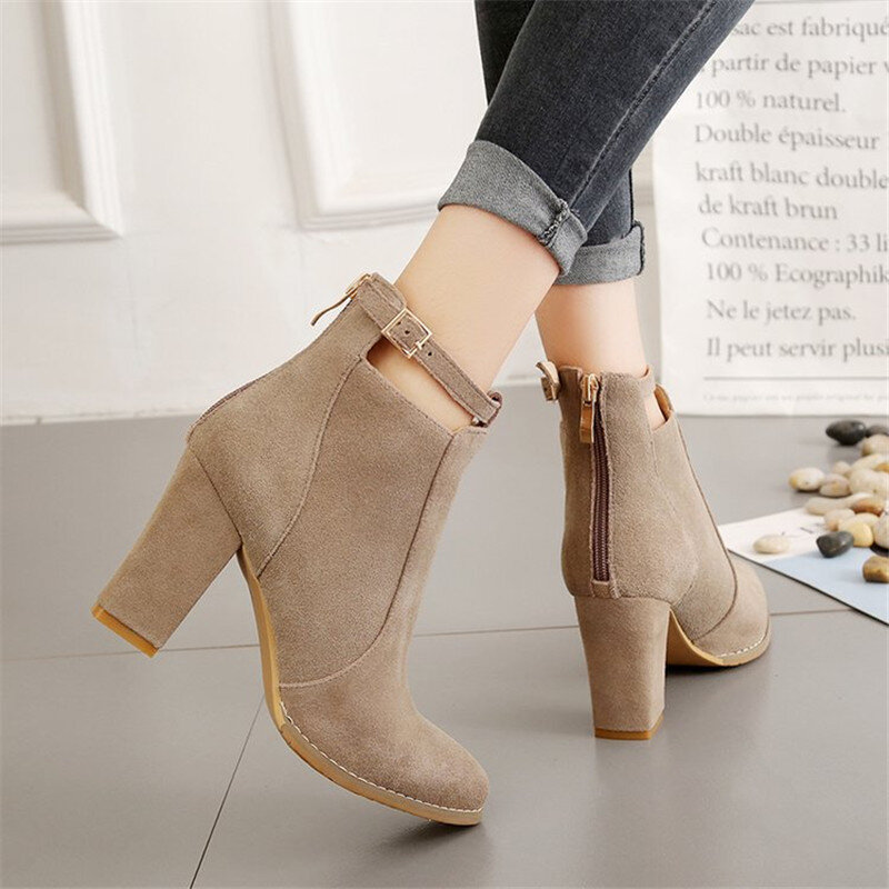 2020 New Woman's Ankle Boots Spring Women High Hoof Heels Nubuck Zip Shoes Female Pointed Toe Metal Decoration Botas