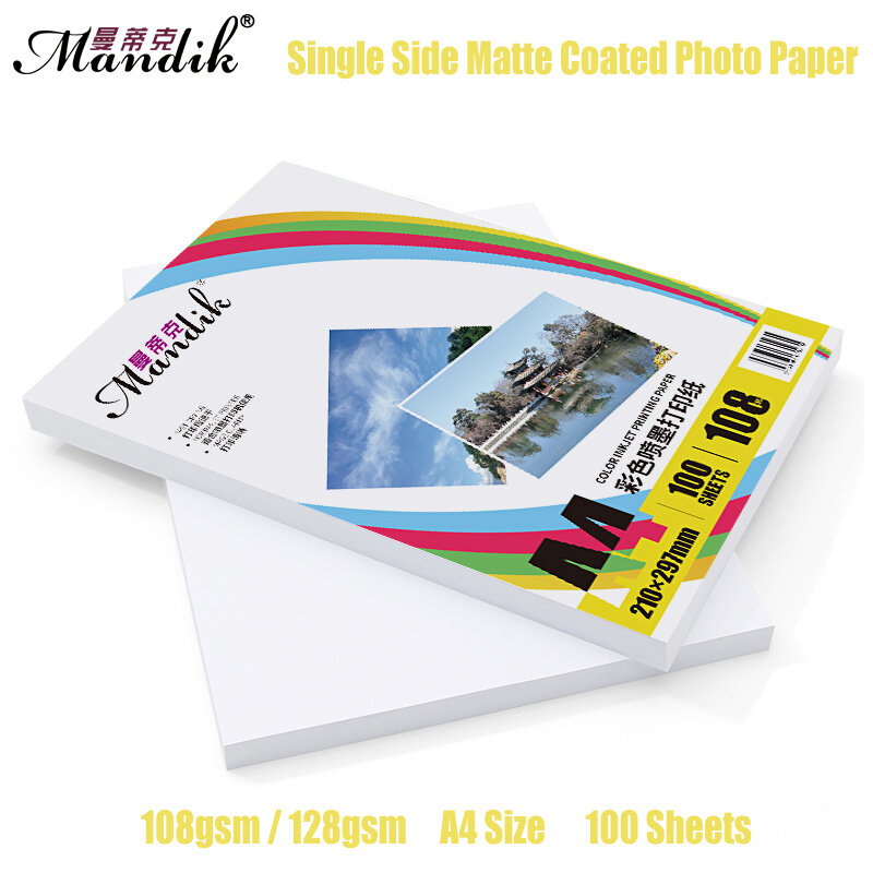 Feuilles de papier Photo à revêtement mat simple face, pour imprimantes à jet d'encre couleur A3 A4, 100g 108g, 128 feuilles