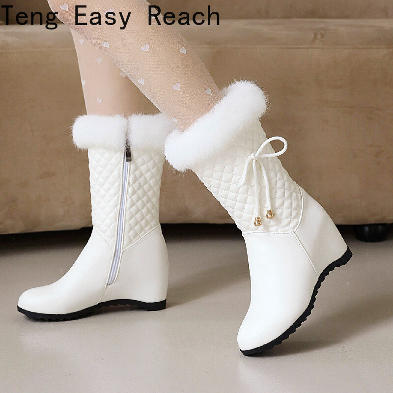 الشتاء الأبيض شعر حقيقي المرأة الثلوج الأحذية موضة الأحذية الدافئة أفخم السيدات جولة تو البريدي المنحدر كعب الثلوج الأحذية حجم 33-43