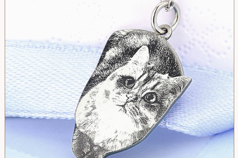 Custom Pet Cat Photo Silver Necklace Pendant Engraved Words 925 Sterling Silver Dog Photo Necklace Women Men Memorial Best Gift