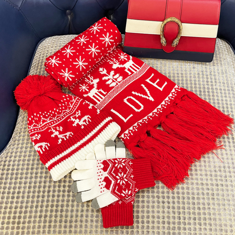Christmas Hat Scarf Gloves Set 3 Pieces for Women Winter Kitted Touch Screen Gloves Thick Warm Pom Hat scarf Glove Set