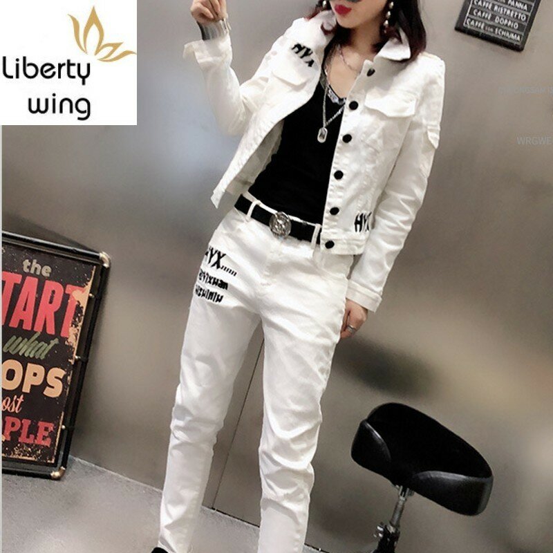 Frühling Mode Brief Stickerei Schlanke Frauen Denim 2Pcs Sets Langarm Einreiher Revers Jacken Harem Hosen Weiß Outfits