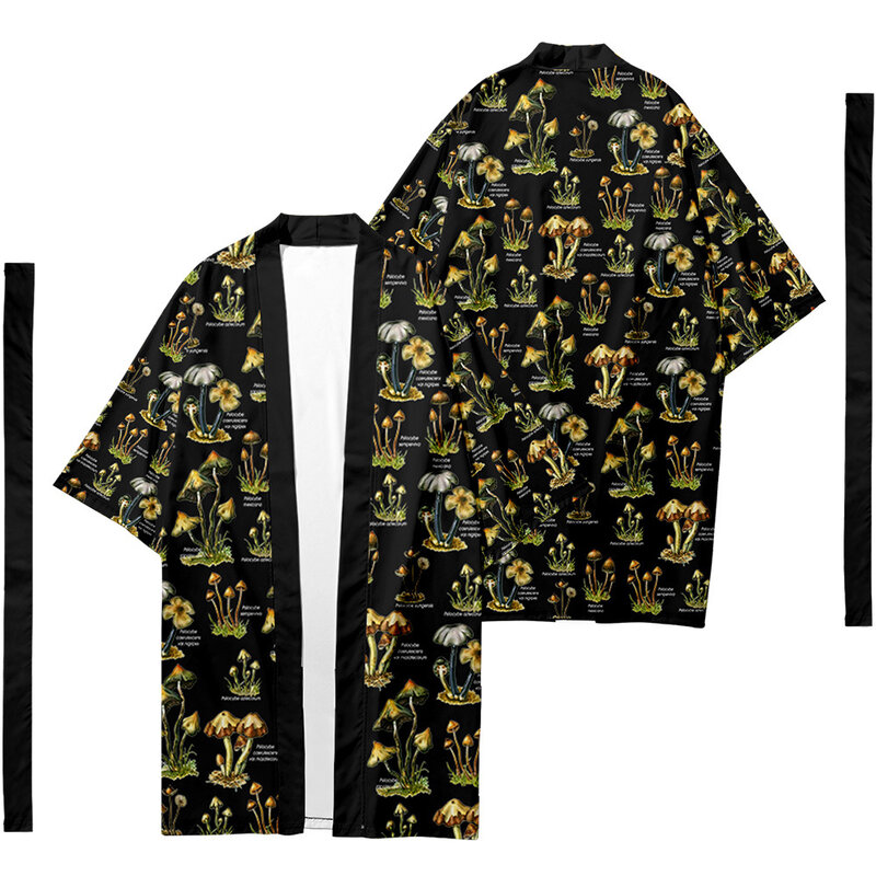 Кимоно мужское в этническом стиле, длинный кардиган в японском стиле, рубашка с принтом самурайского гриба, юката