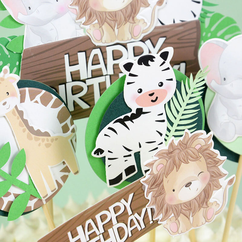 Wild Jungle Party Cake Topper Cartoon Animal Cake Flag Jungle Safari Birthday Cake Decor Baby Shower Children Forest Party Decor