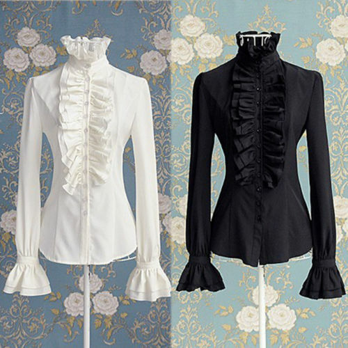 Новая викторианская блузка с воланом, Женская Офисная деловая белая рубашка, рубашки с высоким воротником и рюшами и манжетами, женские блузки