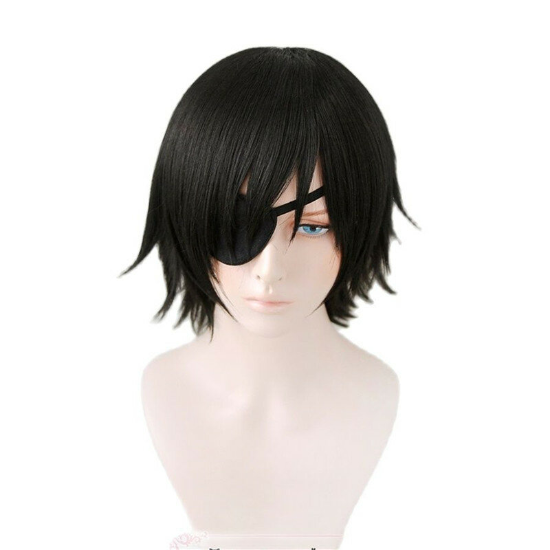 Peruka do Cosplay Himeno z naszywką Anime Cosplay 30cm czarna peruka z krótkimi włosami peruka termoodporna + czapka z peruką
