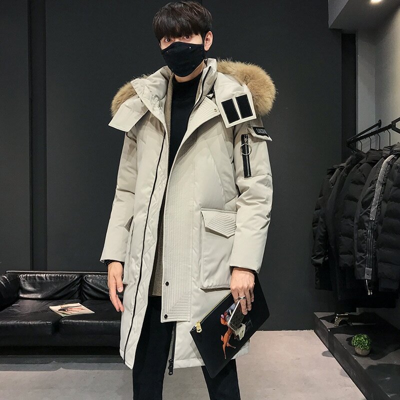 스타일 한국 겨울 화이트 오리 자켓 남자 비즈니스 긴 두꺼운 따뜻한 후드 윈드 브레이커 코트 남자 솔리드 패션 파커 남자