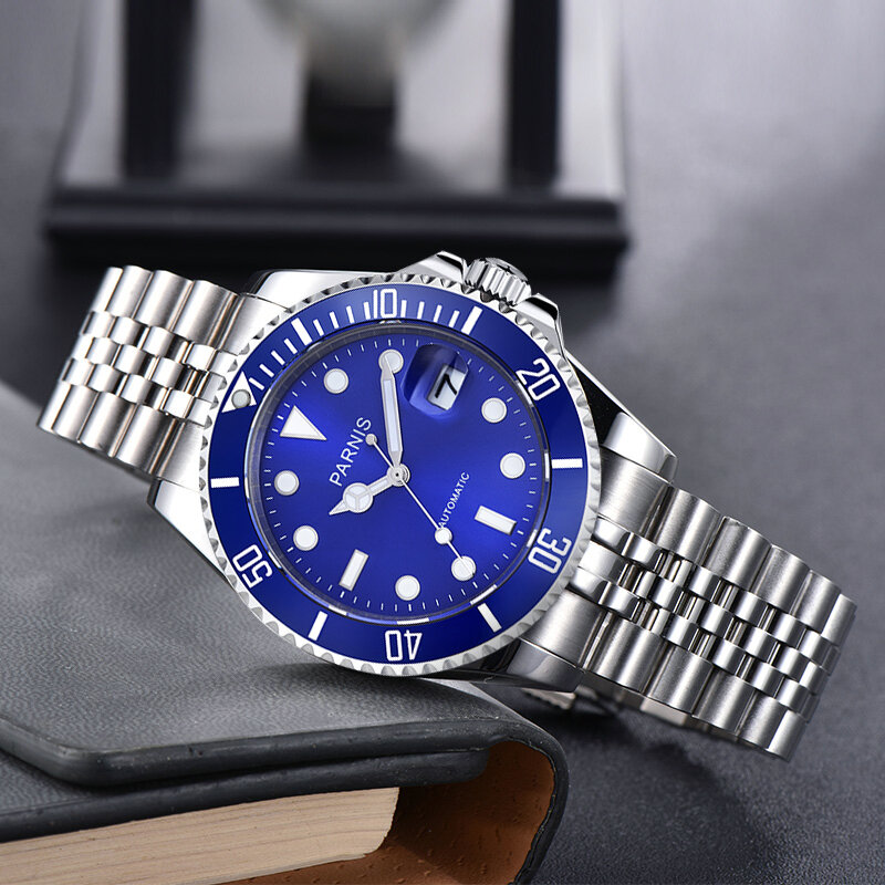 Fashion Parnis 40mm Blue Dial Automatic Mechanical Men's Watch Calendar Men Watches 2020 with box gift man clock zegarki meskie