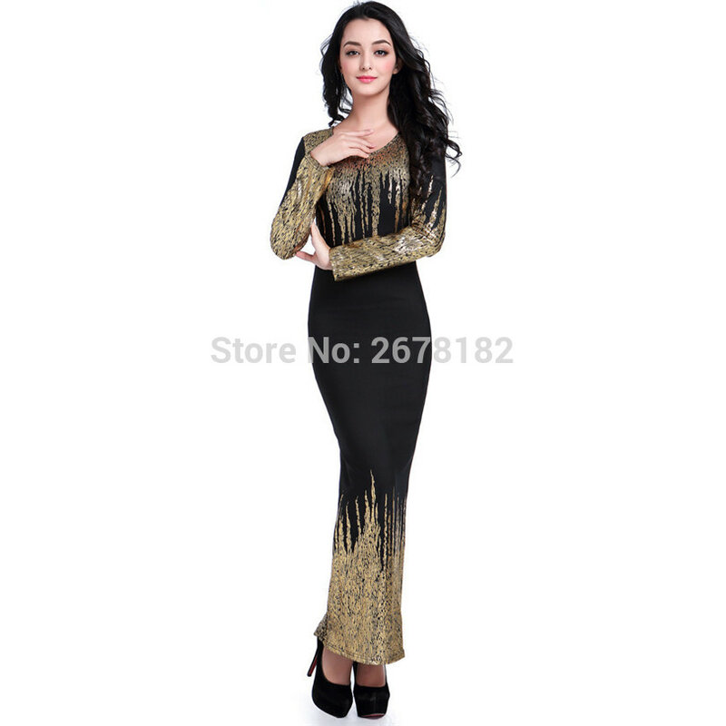 Autumn Winter Elegant Black-Gold Color Maxi Dress Women Elastic Slim Three Quarter Sleeve Long Dress 2020 robe femme