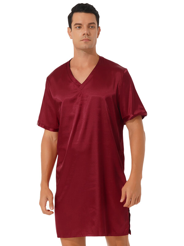 2022 Men Short Sleeve Sleep Robes Homewear V Neck Button Cozy Bathrobe Leisure Satin Nightshirt Mens Pajamas Nightgown Dress