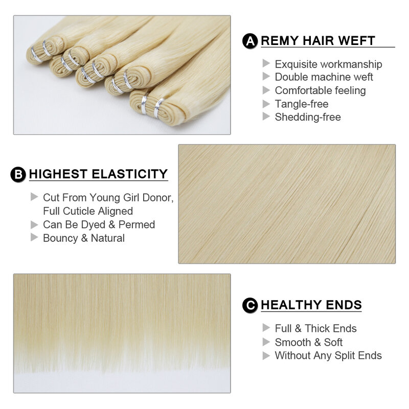 Fairy Remy Hair Real European Straight Human Hair Weave Bundles 16-24 Inch Platinum Blonde Remy Weft Hair Extensions 50g/piece