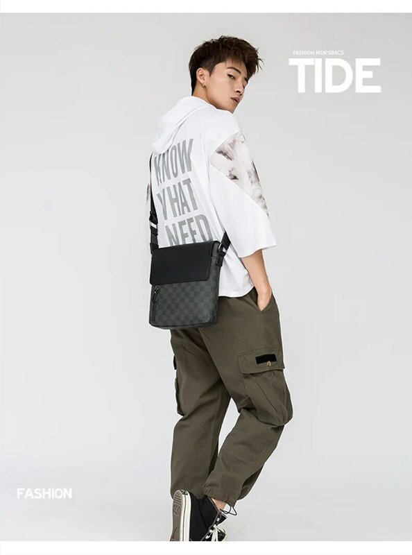 Bolso de moda 2020 para hombre, bolso bandolera de cuero, bolso bandolera para hombres, bolsos pequeños de diseño Casual, bolsos a cuadros para hombre
