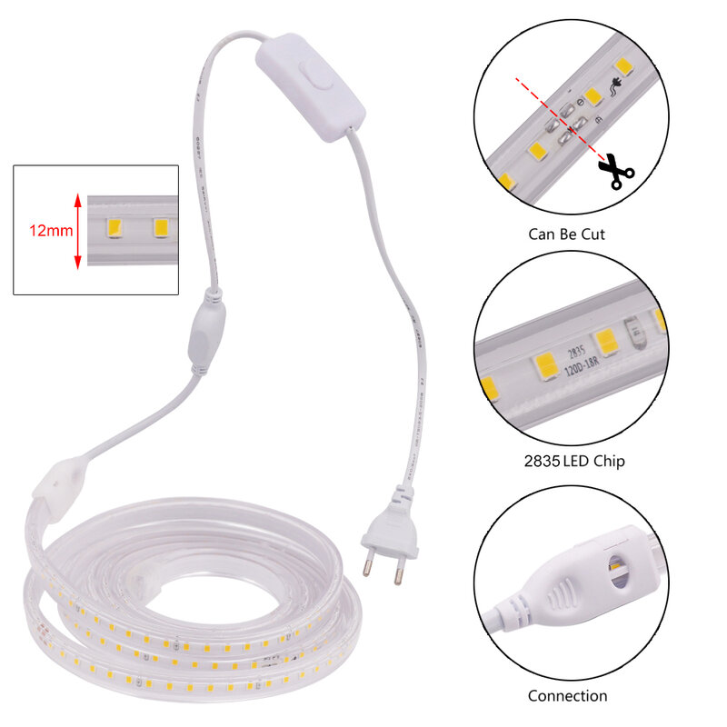 Flexível LED Strip Light com EU Switch Plug, fita impermeável, decoração para casa, 220V, SMD2835, 120 LEDs