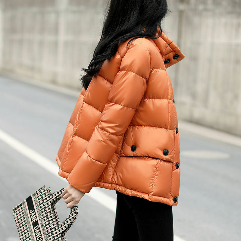 2021 New White Duck Down Plaid Warm Jacket Women Winter New Korean Version Loose Stand-up Collar Long-sleeved Down Jacket  H2582