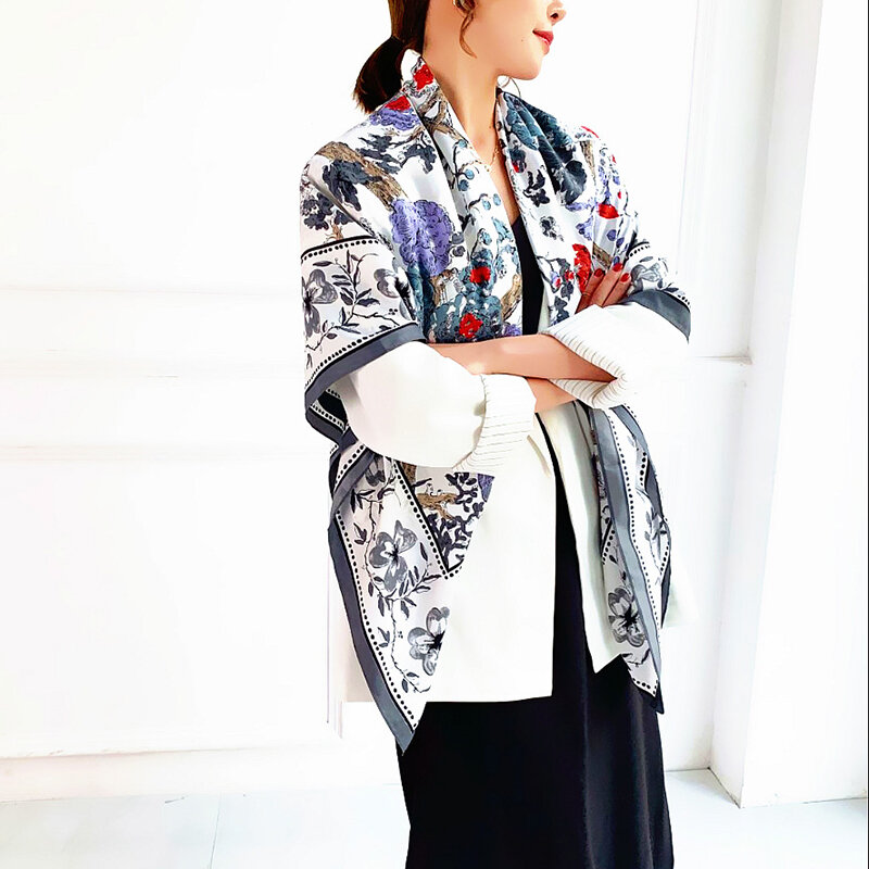 Bufanda de seda 100% para mujer, pañuelo cuadrado con estampado de flores, capa noble y hermosa, 130cm x 130cm, marca de lujo, nueva moda