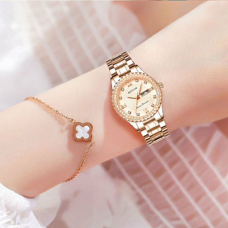 Zegarki damskie moda damska zegarek luksusowy diament damski złoty zegarek na rękę kalendarz damski zegarek damski ze stali nierdzewnej na prezent