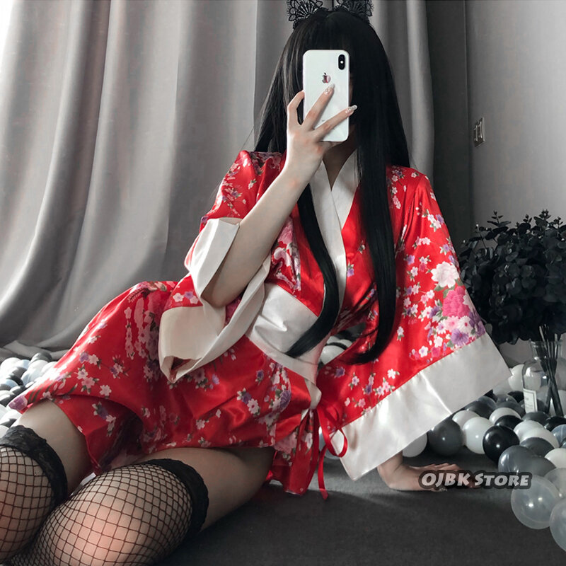 Japanese Kimono Sexy Cosplay Outfit Women Traditional Bathrobe Yukata Costumes Pajamas Soft Silk Belt Lingerie Set Black Red New