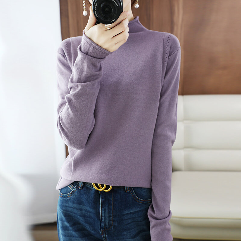 Women's Jacket Simple Versatile Half Turtleneck Sweater Autumn Winter 2021 New Loose Long-Sleeved Slim Base Knitted  Solid Color