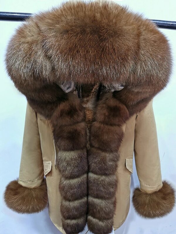 Модное зимнее пальто, подкладка из натурального кроличьего меха, теплое кожаное пальто с воротником из меха енота, женские парки, пальто, толстое и теплое