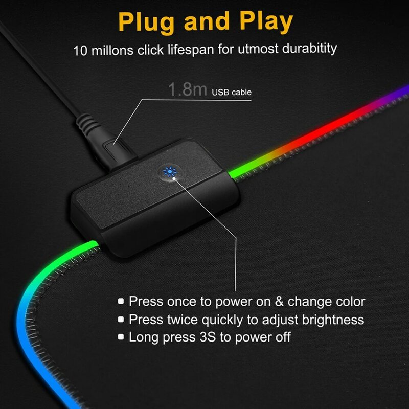 Коврик для мыши со светодиодсветильник кой, RGB-подсветка, цветная поверхность, нескользящий, разные размеры, светящийся, для ПК
