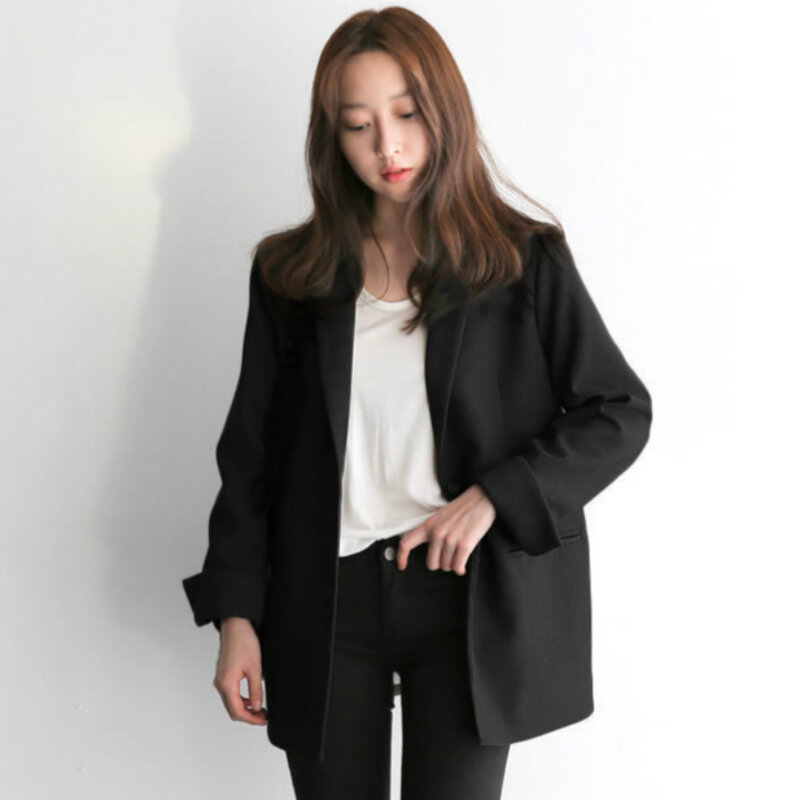 Женский черный костюм, Блейзер, Офисная куртка для дам, приталенная, модная, с двойными пуговицами, длинное Свободное пальто, формальная, повседневная, осенняя, 2023