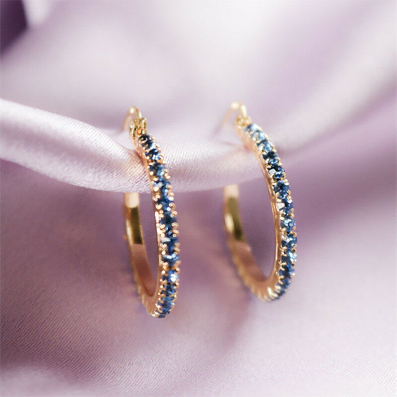 Fashion Deep Blue Cubic Zirconia Lingkaran Hoop Anting-Anting untuk Wanita Warna Emas Wanita Cantik Pesta Pernikahan Hadiah Perhiasan