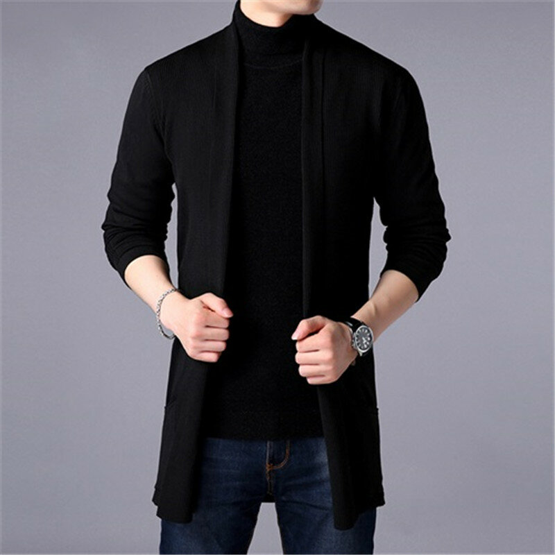 Swetry płaszcze męskie New Fashion 2020 jesień męska Slim długi Solid Color kurtka z dzianiny moda męska swobodny sweter płaszcze kardigany