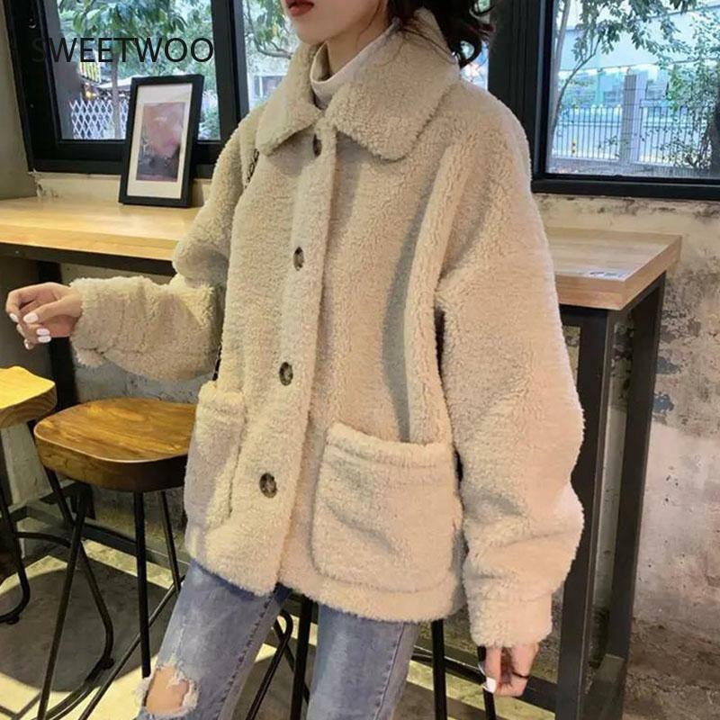 Abrigo de lana de cordero con cuello vuelto para mujer, abrigo de peluche coreano, chaquetas de piel sintética cálidas Harajuku, prendas de vestir naturales, Otoño e Invierno