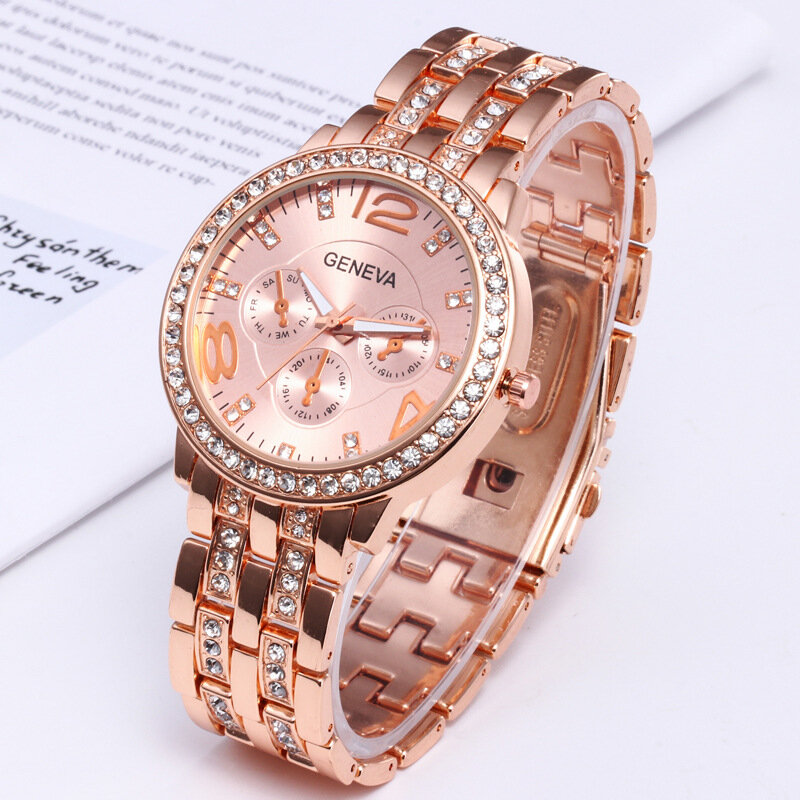 Reloj de pulsera de cuarzo para mujer, cronógrafo analógico con diamantes de oro rosa, a la moda, sin escala