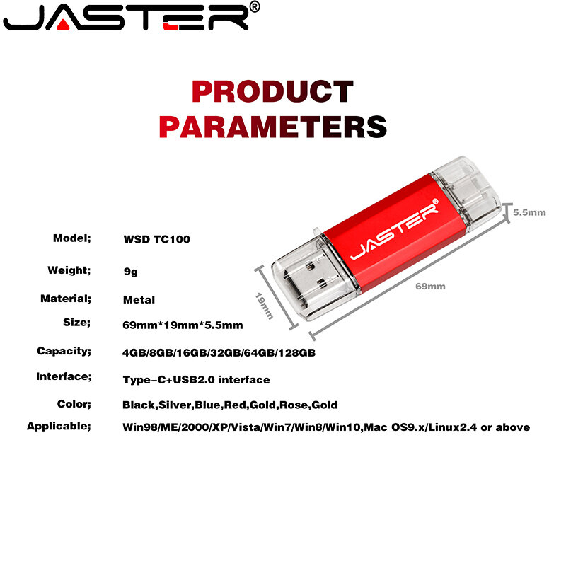 Jaster pendrive usb-c usb2.0, plástico otg p019, usb, mini-flash, 16gb, 32gb