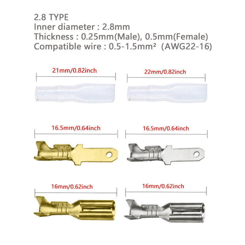 Conectores de fio selados isolados, terminais Crimp, terminal desencapado, lâminas de mola com bainha, 2.8mm, 4.8mm, 6.3mm