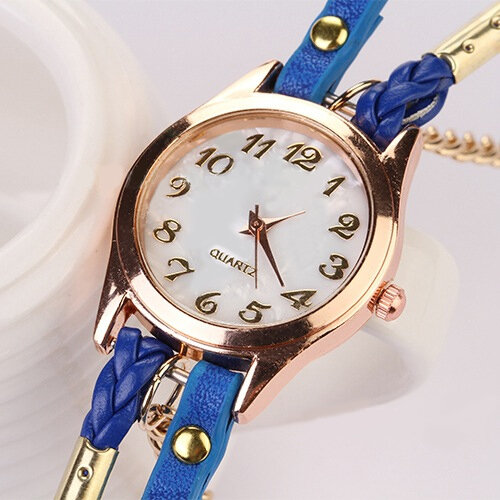 Jam tangan gelang wanita antik multilapis kulit buatan Aloi gelang kepang perhiasan wanita jam tangan kuarsa gelang