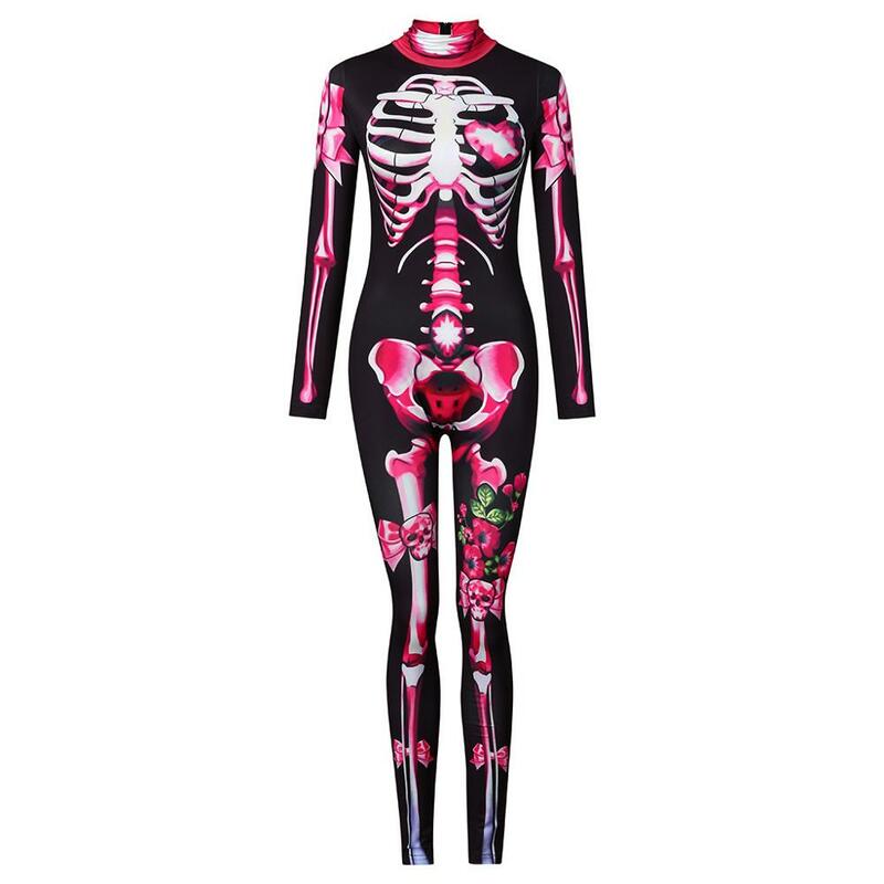Disfraces de Halloween para adultos, niño, madre e hija, esqueleto, rosa, Calavera Sexy, traje de Cosplay de miedo, mono con estampado 3D para niña