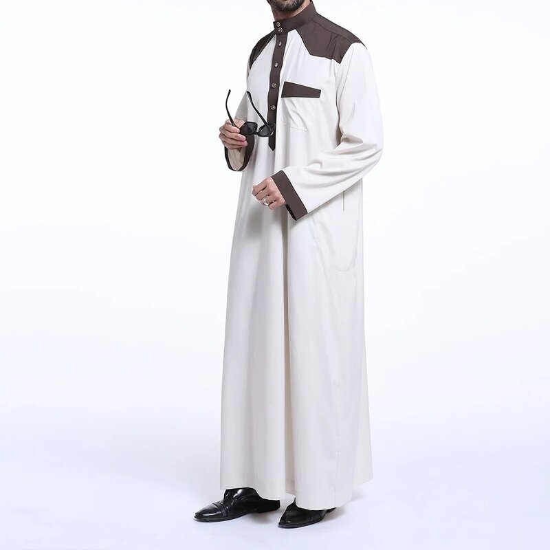 3XL Ukuran Besar Thobe untuk Pria Islam Pakaian Pria Fashion Mandarin Collar Lengan Panjang Abaya untuk Pria Musim Gugur Longgar Abaya hombre Biru