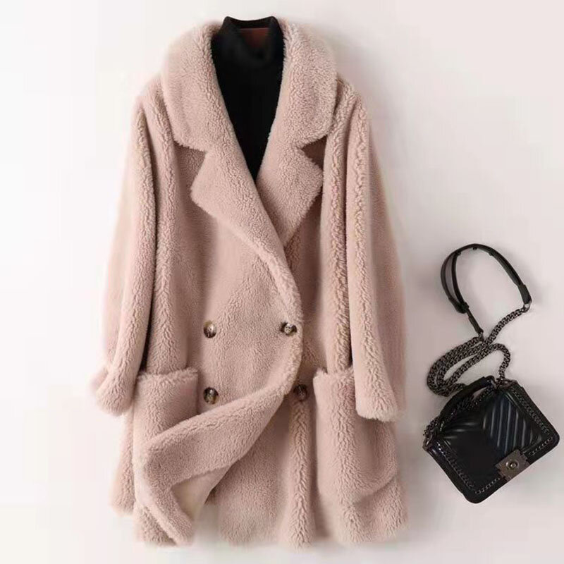 Mantel wol bulu domba wanita, mantel Luaran kasual longgar elegan tebal hangat kualitas tinggi musim dingin untuk perempuan