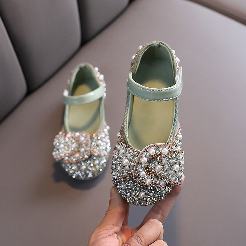 Zapatos con diamantes de imitación y perlas para niños, calzado de princesa brillante para bebés, fiesta y boda, D487, novedad de 2023