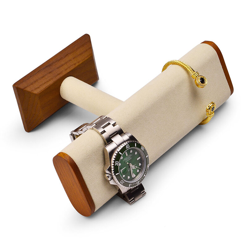 Oirlv Stand Display Jam Tangan Kayu Solid Berbentuk T dengan Rak Organizer Perhiasan Serat Mikro Tempat Penyimpanan Gelang