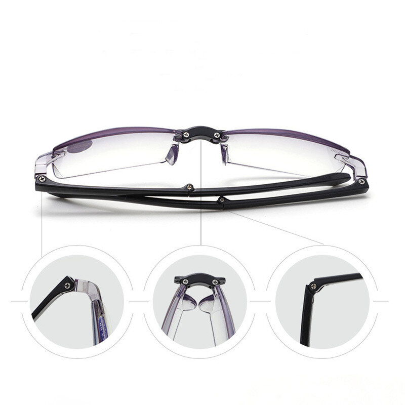Gafas de lectura con zoom inteligente para hombre, lentes plegables con borde de corte de diamante, antiazul, sin marco, TR90, caja portátil