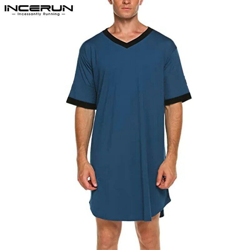 INCERUN Mens Nightgown Fashion Patchwork Sleep Robe Solid Color Sleepwear Man Short Sleeve Bathrobe Loose V Neck Nightwear S-5XL