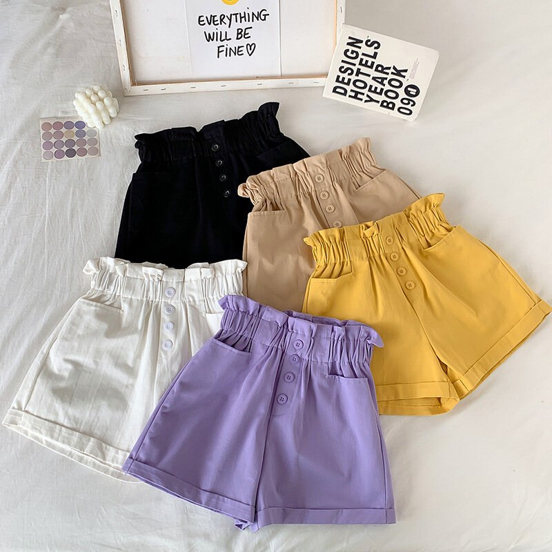 Pantalones cortos elegantes de cintura alta para mujer, Shorts informales de pierna ancha, holgados de algodón con cinturón, estilo coreano, 2023