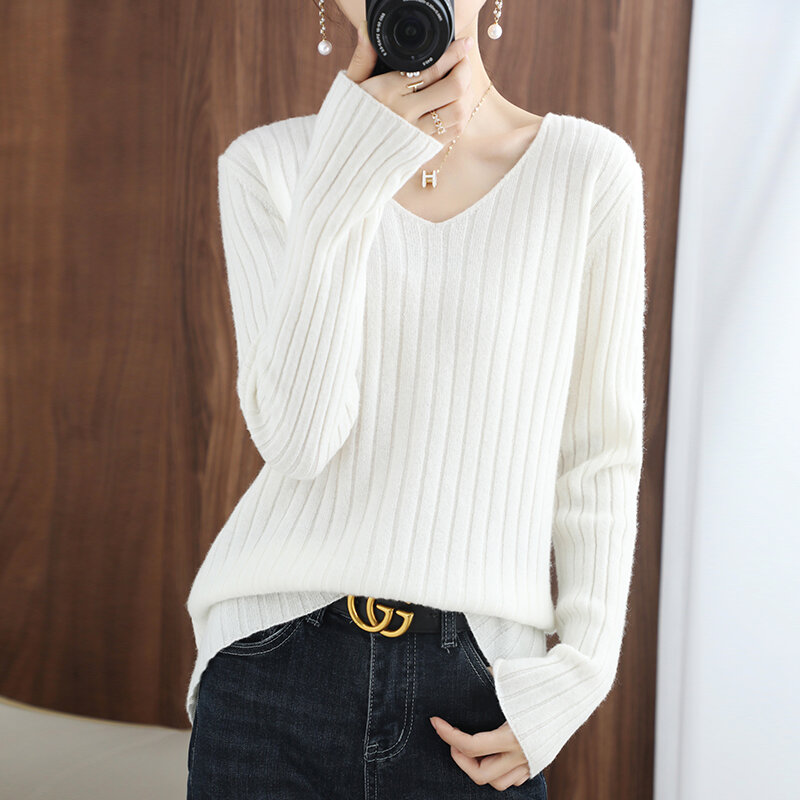 Autumn Winter New Women's V-Neck Long-Sleeved Wool Knit Bottoming Shirt Loose Pullover Sweater With Western Style All-Match Tops